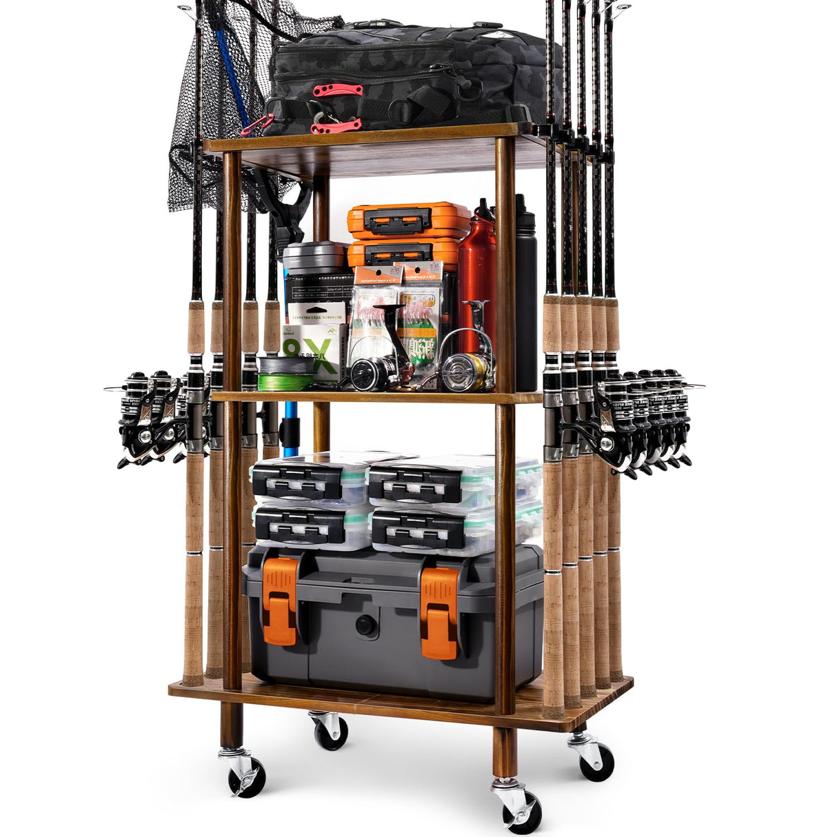 Ghosthorn Fishing Rod Holders for Garage Fishing Pole Rack Hold up to 10 Rods Fishing Pole Holders Wooden Organizer Fishing Rod Rack car Fishing Gear Storage Equipment (3 Tier) Ghosthorn