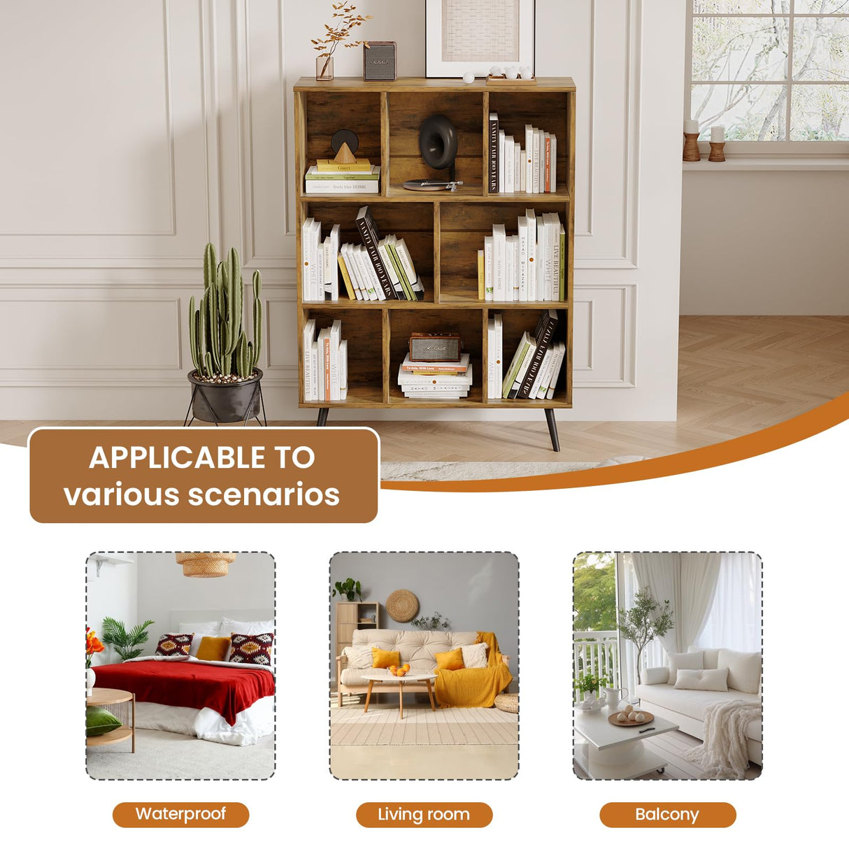 GRUSIGN 8 Cube Bookshelf 3 Tier Mid-Century Rustic Brown Modern Bookcase with Legs,Retro Wood Book Shelf Storage Organizer Shelf,Freestanding Organizer Display Shelf for Bedroom,Living Room,Office GRUSIGN