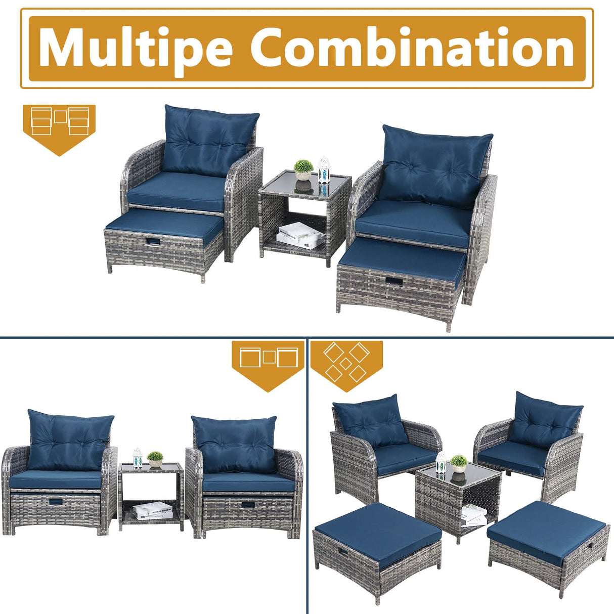 FYRICKYLINOO 5 Pieces Wicker Outdoor Patio Chairs Set with Ottoman, All Weather PE Rattan Patio Conversation Furniture Set Outdoor Furniture Set with Hidden Ottoman, Blue FYRICKYLINOO