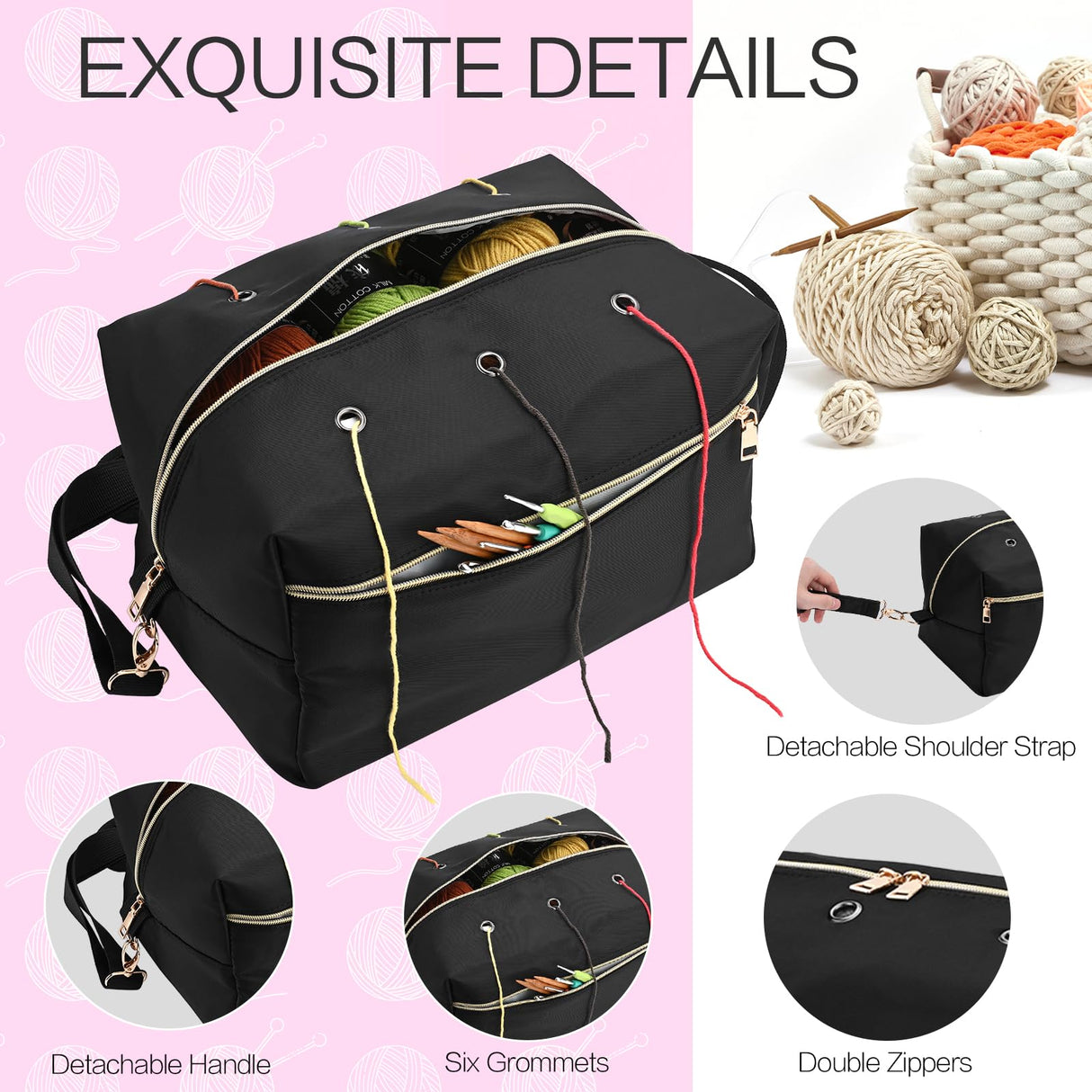 yookee home Yarn Bag Crochet Bag Organizer Knitting Bag Organizer Crochet Storage Yarn Holder for Crochet Accessories Yarn Storage Bag for Crocheting Gifts for Crochet Lovers,Mom,Women,Black yookee home