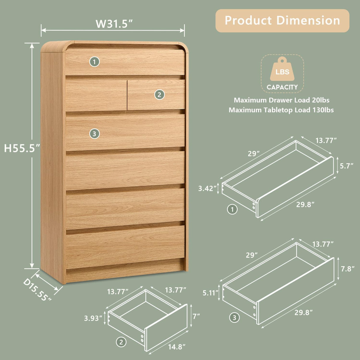 Aitjunz Modern 7 Drawers Dresser for Bedroom, 55" Tall Dressers & Chest of Drawers w/Curved Profile Design, Wood Mid Century Vertical Storage Dressers Organizer for Bedroom, Living Room, Natural Oak Aitjunz