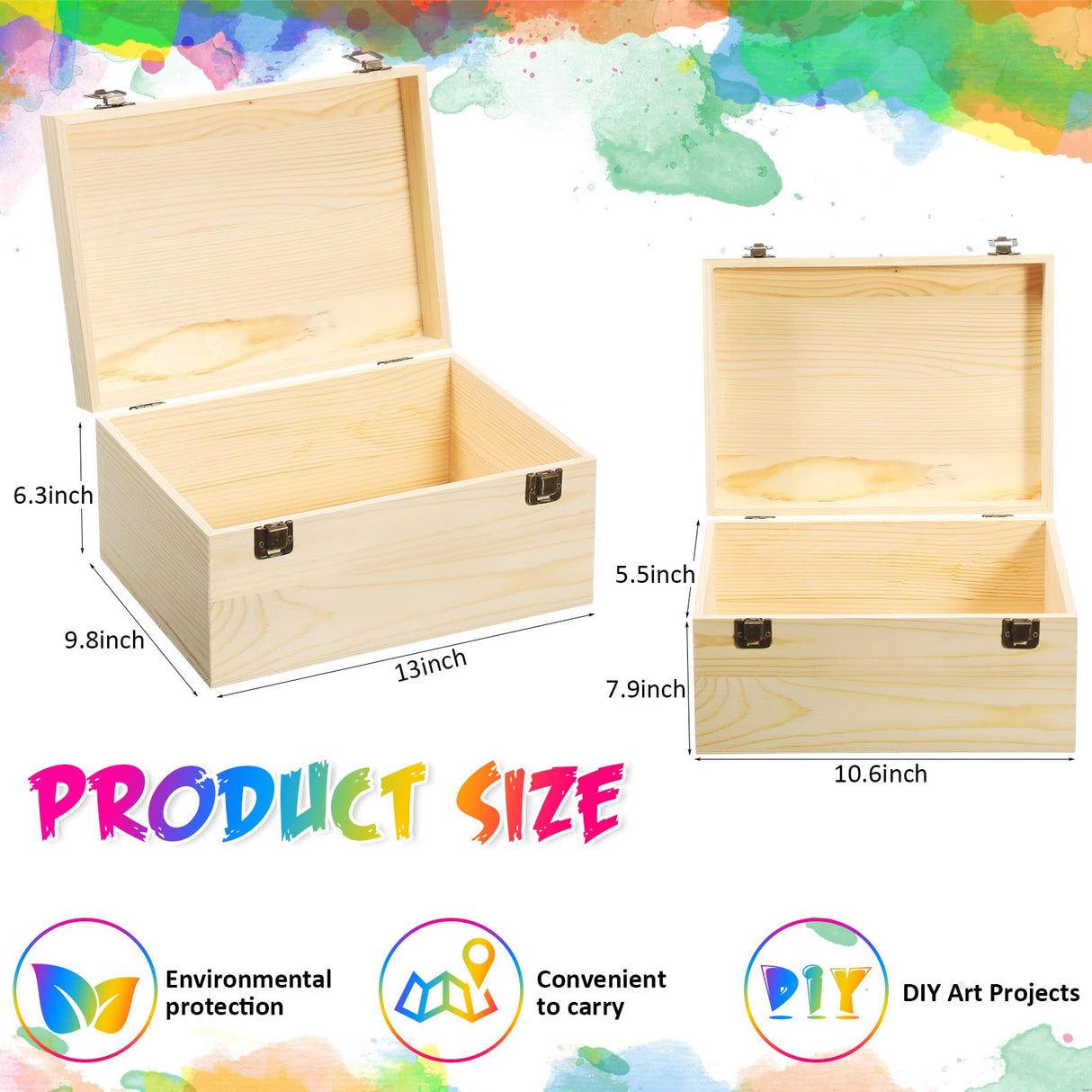 2 Pcs Unfinished Wood Box Natural Large Wooden Box 13 x 9.8 x 6.3 in, 10.6 x 7.9 x 5.5 in Pine Art Storage Boxes with Hinged Lid and Front Clasp for DIY Craft Hobbies Home Jewelry Keepsake Treasure Reginary