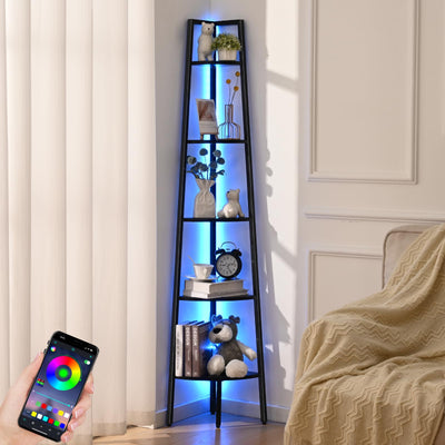 Waipfaru Black Corner Shelf, 5-Tier Corner Bookshelf with LED Light, 67.5in Corner Shelves for Bedroom, Tall Standing Shelf with Steel Frame, Storage Shelves for Office Living Room