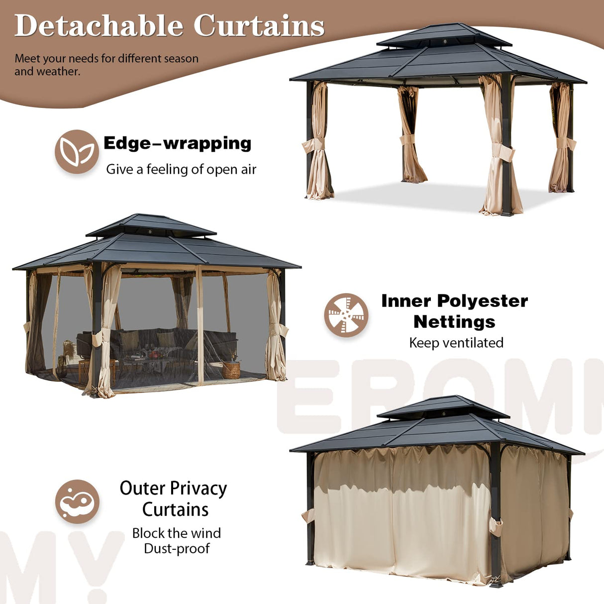 EROMMY 12'x14' Hardtop Gazebo, Double Roof Metal Canopy with Aluminum Frame, Netting and Shaded Curtains Included Permanent Outdoor Pavilion Gazebos for Patio, Backyard, Deck and Lawns EROMMY