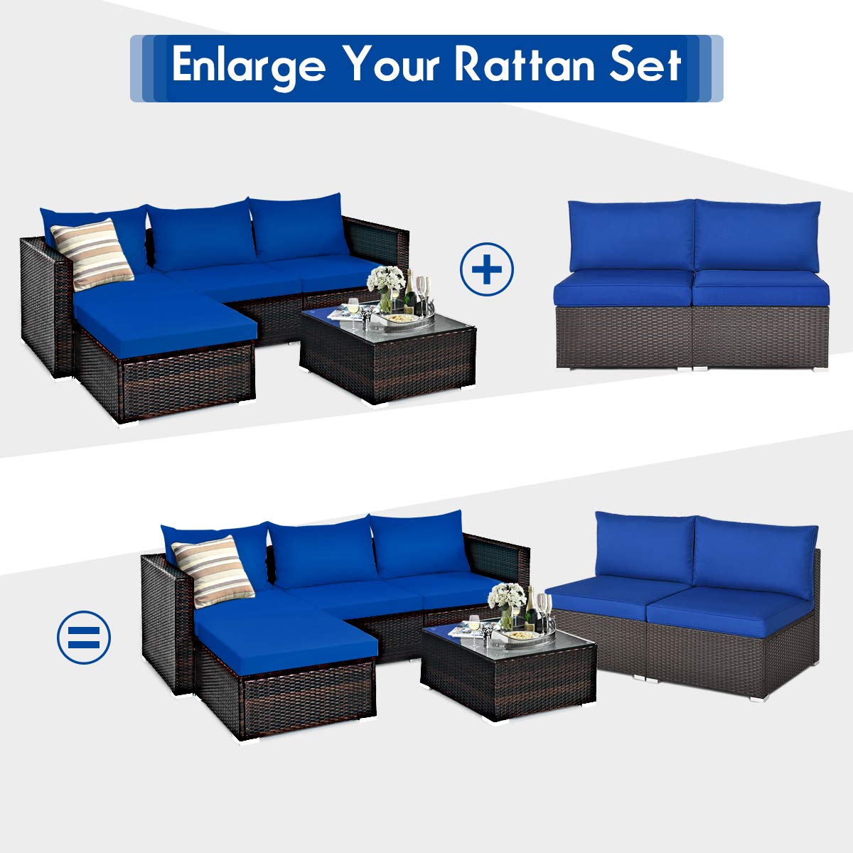Tangkula 2 PCS Outdoor Wicker Armless Sofa, Patio Rattan Sectional Sofa Set w/2 Thick Seat Cushions and 2 Back Cushions, Additional Seats for Balcony Garden Patio Poolside (Navy Blue) Tangkula