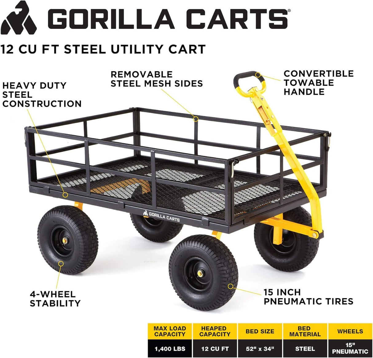 Gorilla Carts GOR1400-COM Steel Utility Cart, Heavy-Duty Convertible 2-in-1 Handle and Removable Sides, 12 cu ft, 1400 lb Capacity, Black Gorilla Carts
