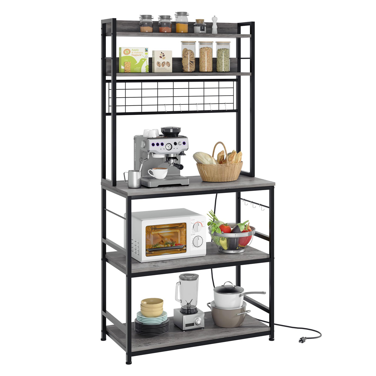 Shintenchi Bakers Rack with Power Outlet, Large Storage Space, 10 Hooks Coffee Bar with Metal Wire Panel, High Microwave Stand, Classic Kitchen Storage Shelf Design, Grey Shintenchi
