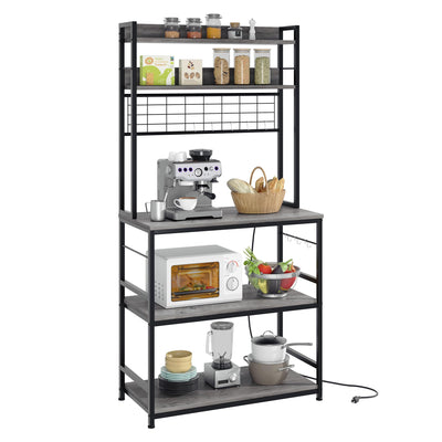 Shintenchi Bakers Rack with Power Outlet, Large Storage Space, 10 Hooks Coffee Bar with Metal Wire Panel, High Microwave Stand, Classic Kitchen Storage Shelf Design, Grey