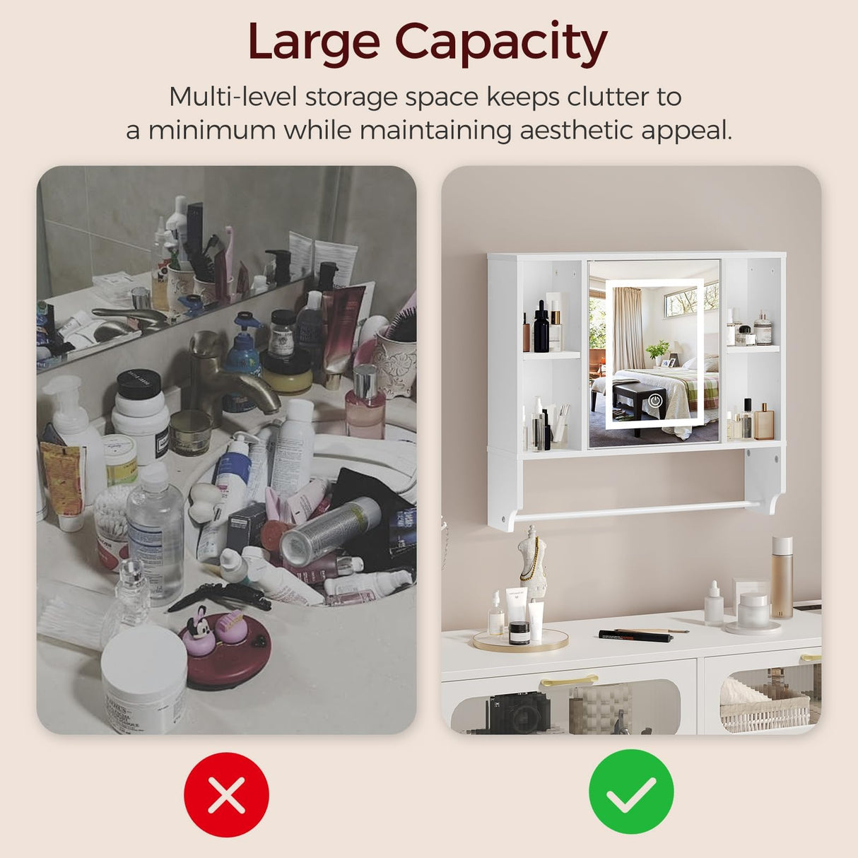 MAHANCRIS Bathroom Wall Cabinet with Mirror, Wall Mounted Medicine Cabinet with Color Adjustment LED Lights, Mirrored Over The Toilet Storage Cabinet with Adjustable Shelves, 23.6''W x 21.6''H, White MAHANCRIS