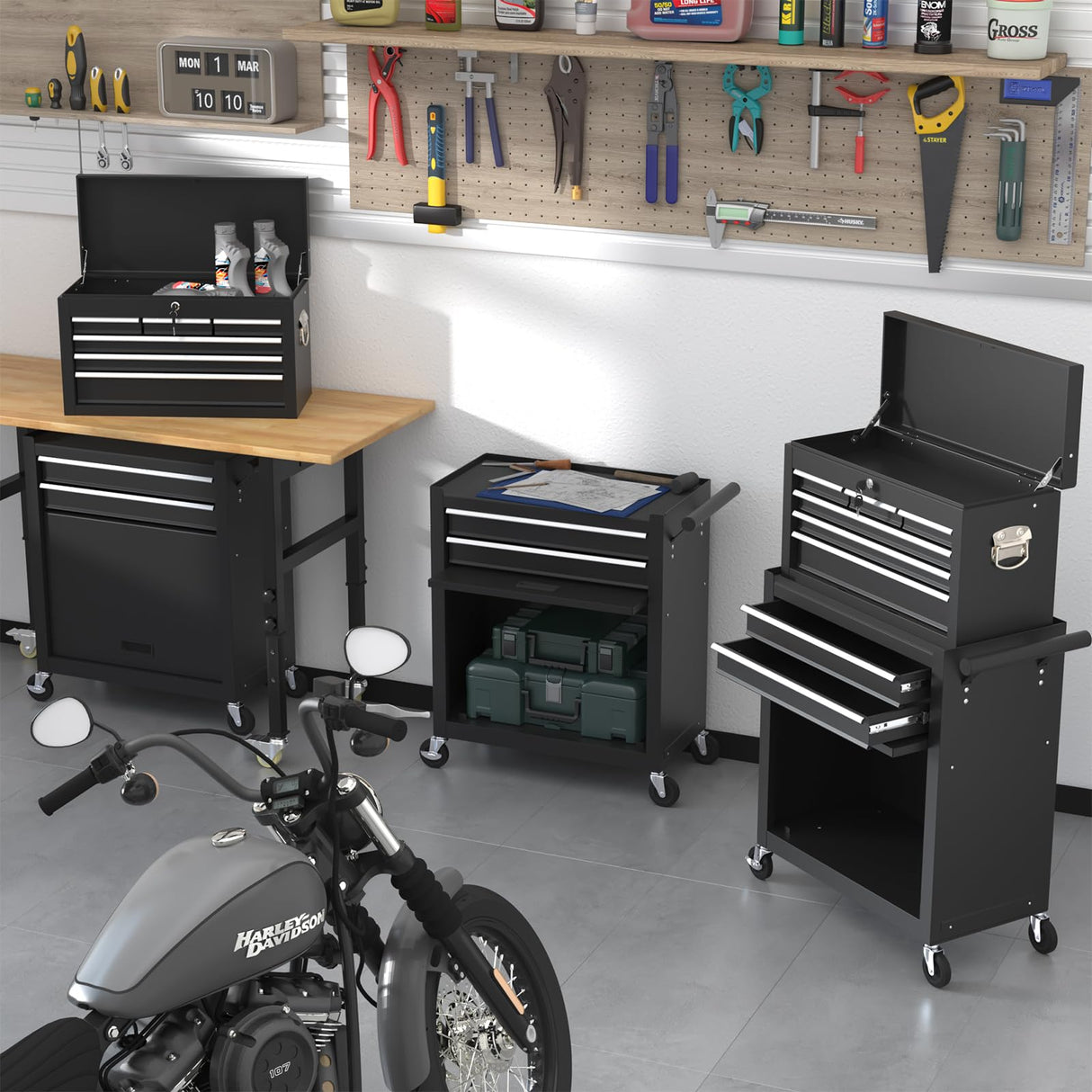 Wanmwill Tool Chest, 8-Drawer Rolling Tool Storage Cabinet with 2 in 1 Detachable Top Tool Box, Liner, Lockable Wheels, Side Hooks, Locking Mechanism, Metal Tool Cart for Garage (Black) Wanmwill