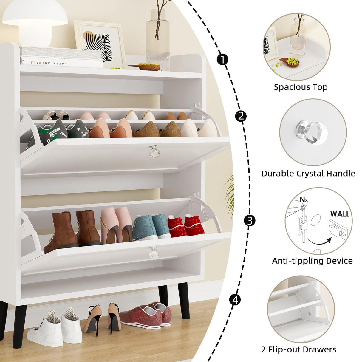 VOWNER Shoe Storage Cabinet with 2 Flip Drawers, Shoe Cabinet with Open Storage & Crystal Handle, Narrow Shoe Rack Organizer for Entryway, Hallway, White VOWNER
