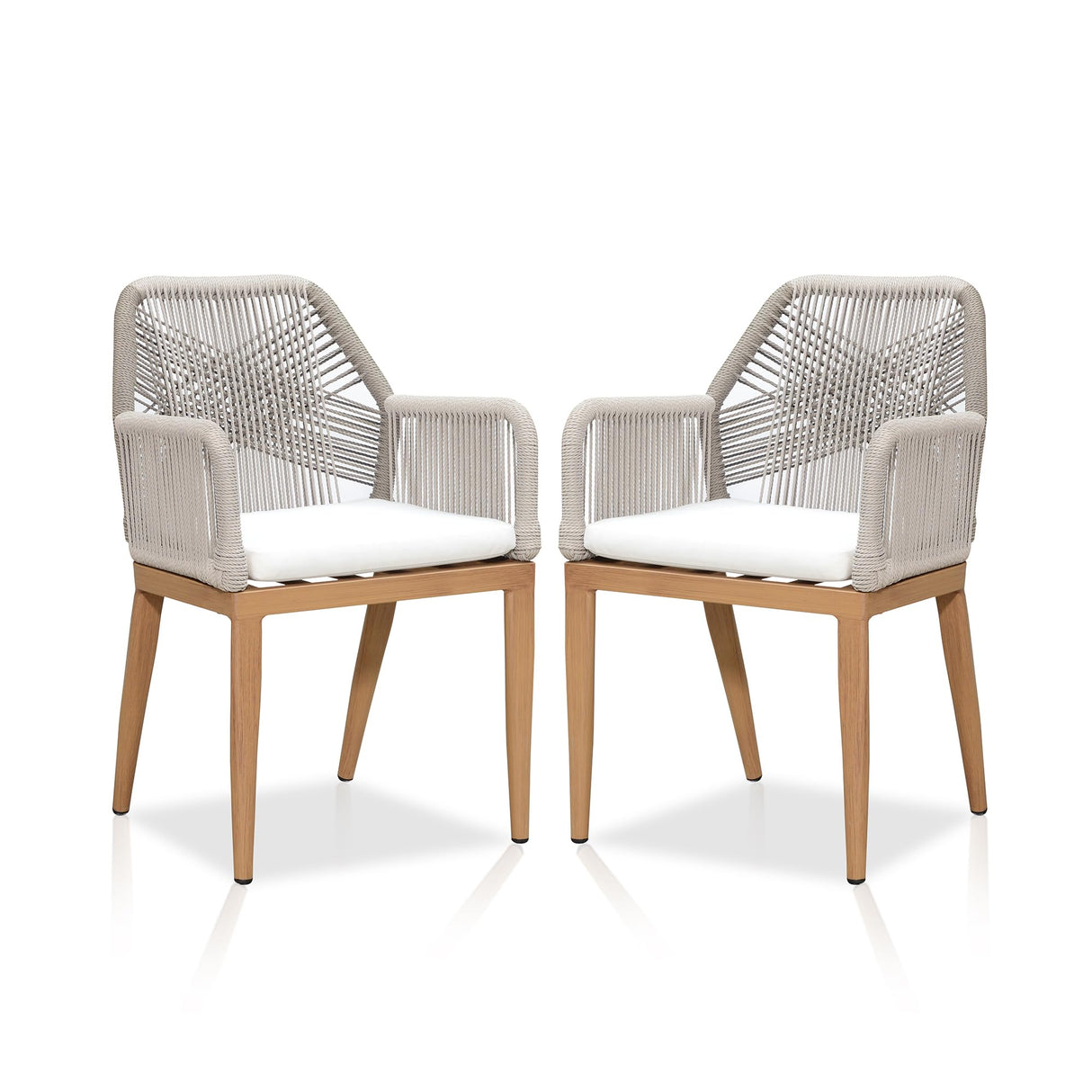 PURPLE LEAF Patio Dining Chair Set 2 Pieces Metal Modern Furniture Seating for Garden Kitchen Porch Outdoor Rattan Dining Chairs with Armrests and Cushions, Teak PURPLE LEAF