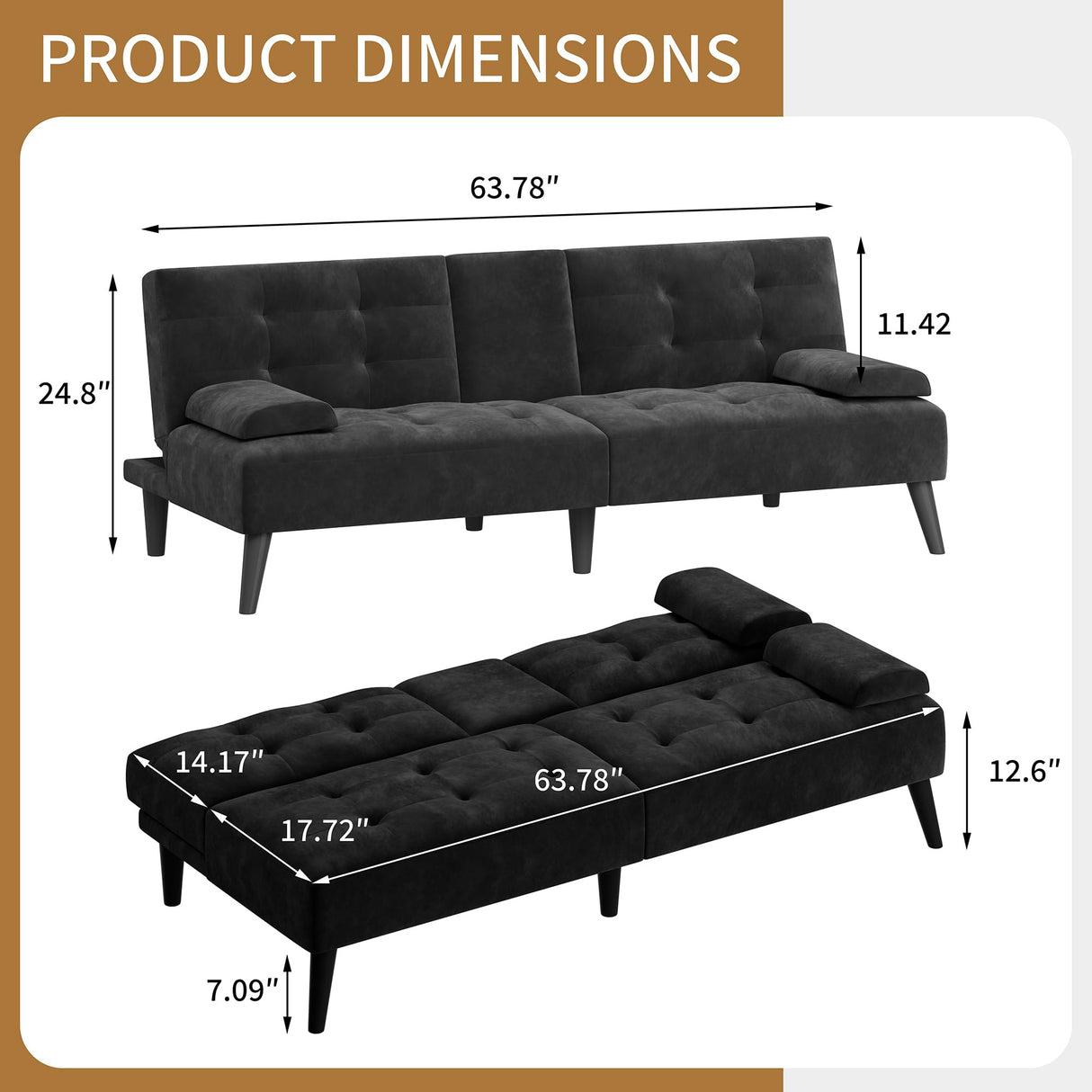 JAMFLY Futon Couches Loveseat Sofa Bed, Convertible Lazy Futon Sofa Bed with Cup Holder for Small Spaces, Bedroom, Apartment, Dorm, Living Room, Dorm, Black Velvet JAMFLY