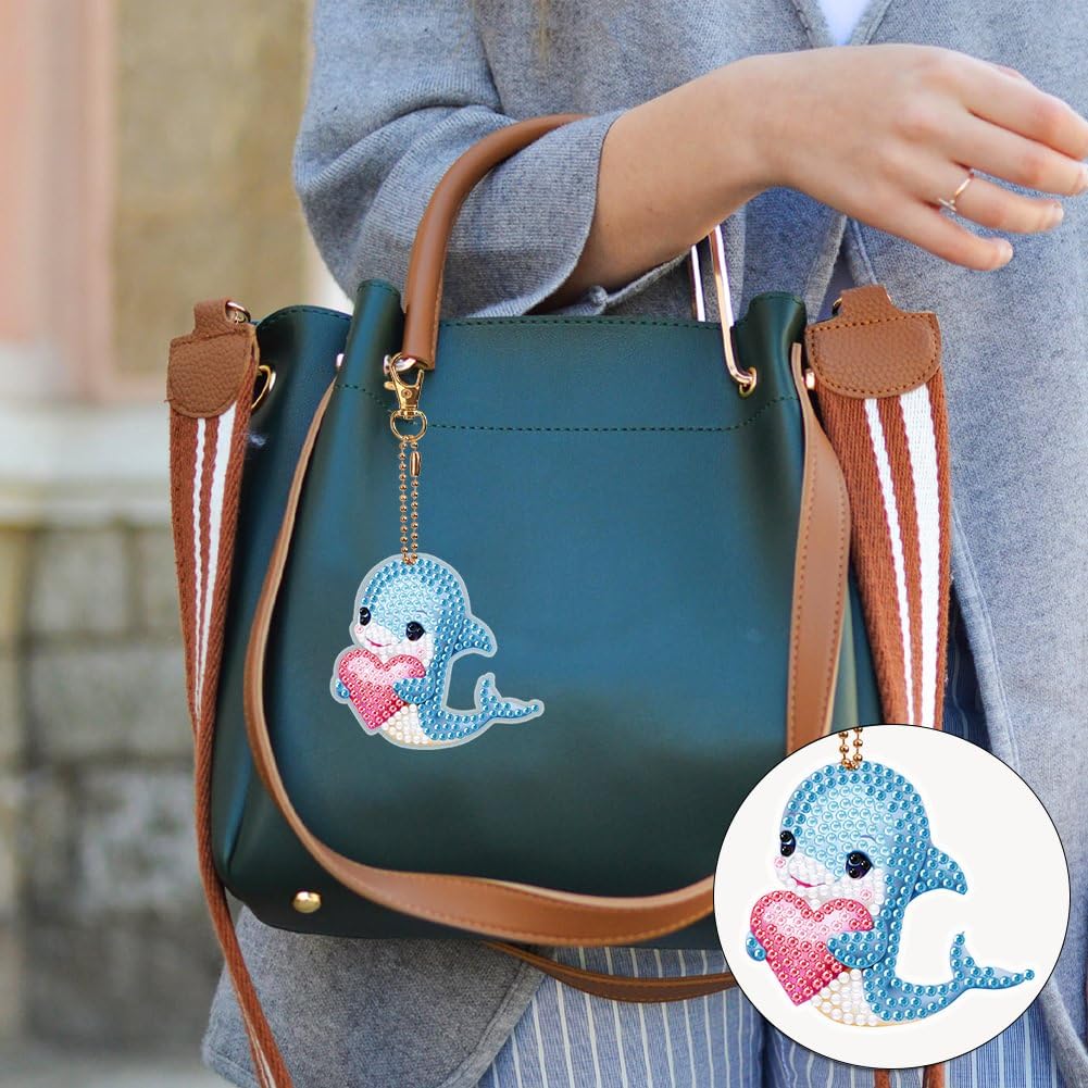 JBTM24 Diamond Painting Keychains Kits, Double Sided Diamond Art Keyrings for Adults, DIY Art Key Rings Ornaments Kits (Dolphin) JBTM24