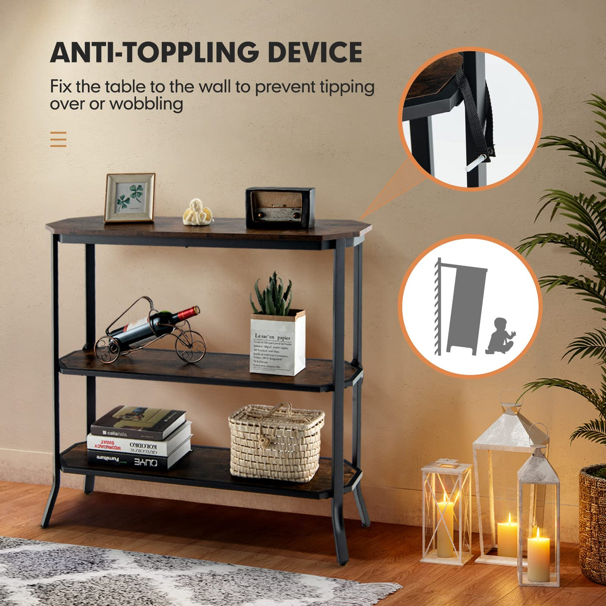 Tangkula Industrial Console Table, 38.5 Inch Long Narrow Sofa Table with Open Storage Shelves, Sturdy Steel Frame, 3-Tier Farmhouse Entryway Table for Hallway, Living Room (Rustic Brown) Tangkula