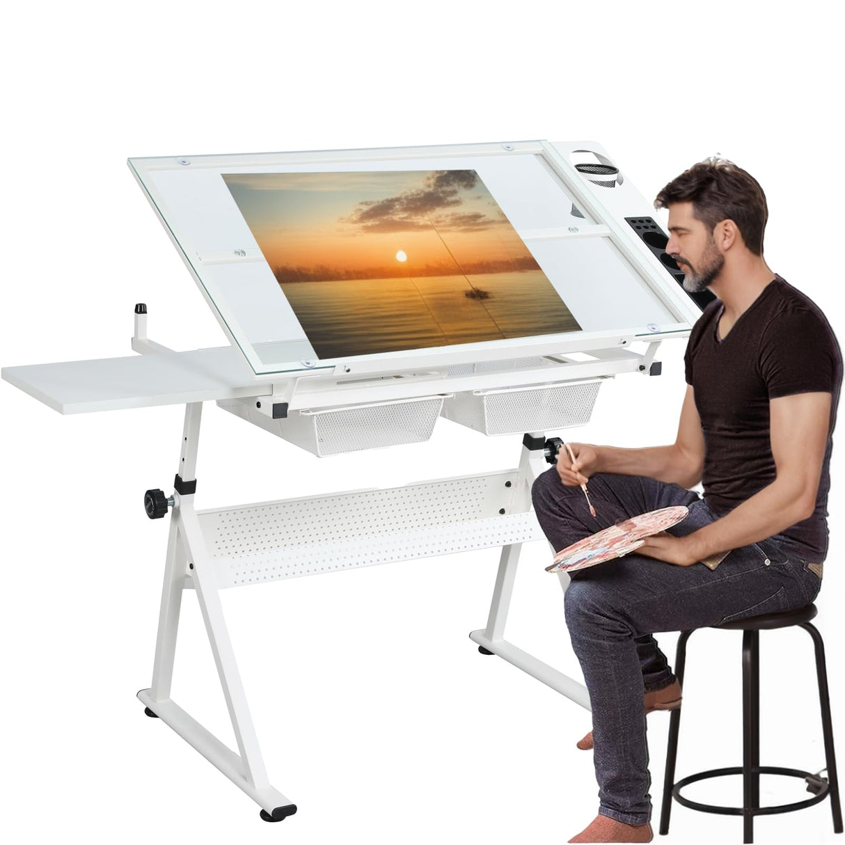 Adjustable Drafting Table for Adults Professional Art Table 2 Storage Drawers Height Adjustable Home Office Reading Painting Tempered Glass Top Modern White Design Doeqkue