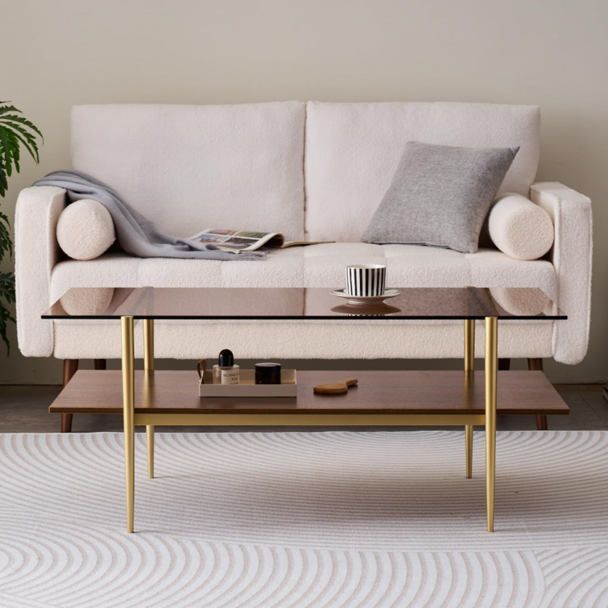 LumFurn Rectangle Coffee Table, Mid-Century Modern Design, L41 W21 x H17, for Living Room, 2-Tier Structure, Amber Glass Top and Walnut MDF Shelf, Sleek Conical Metal Legs with Gold Finish LumFurn