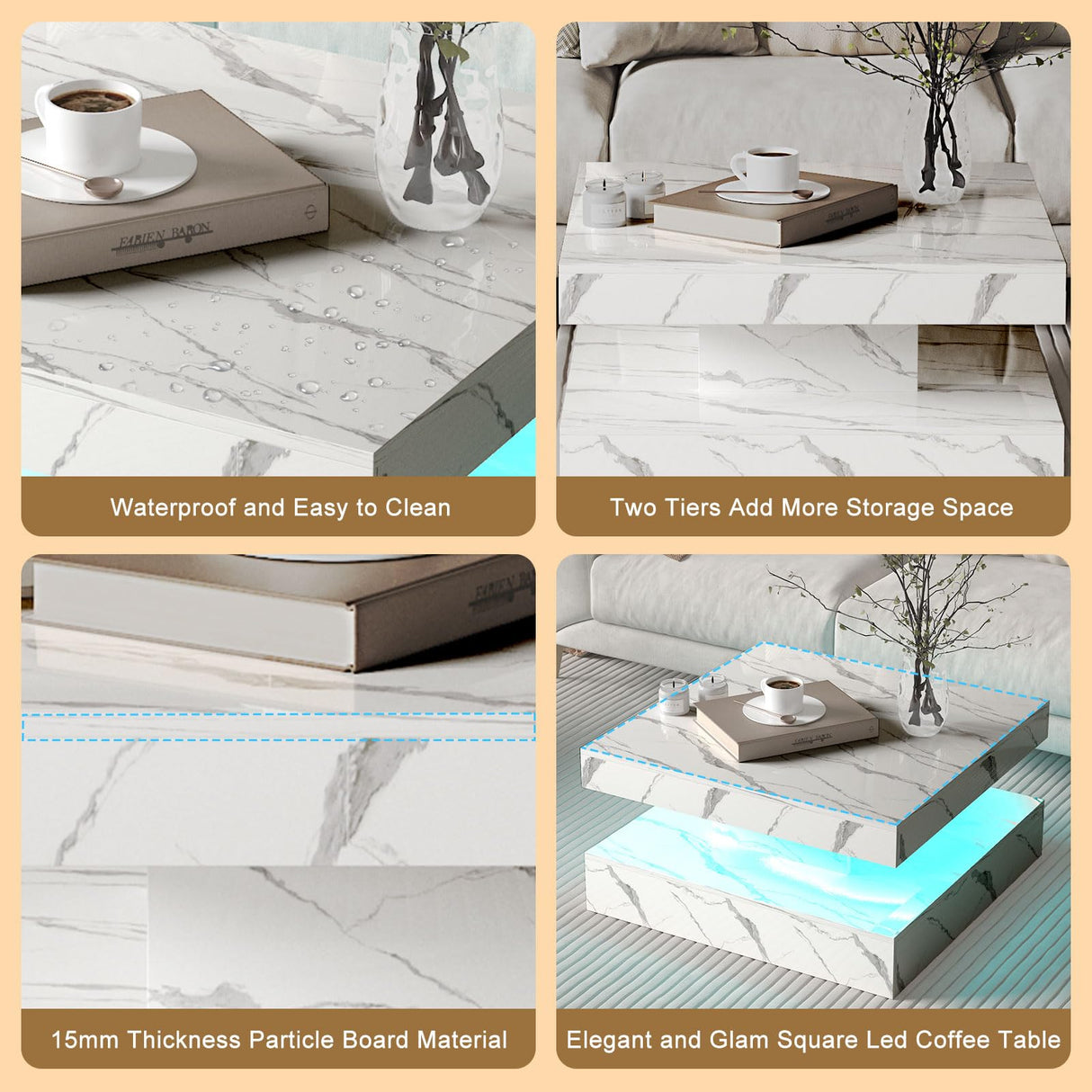 HedoAjim White Marble LED Coffee Table for Living Room, Living Room Table 2-Tier Square Middle Center Table, Modern Coffee Tables with Storage, Contemporary Wood Tea Tables for Dining Reception HedoAjim