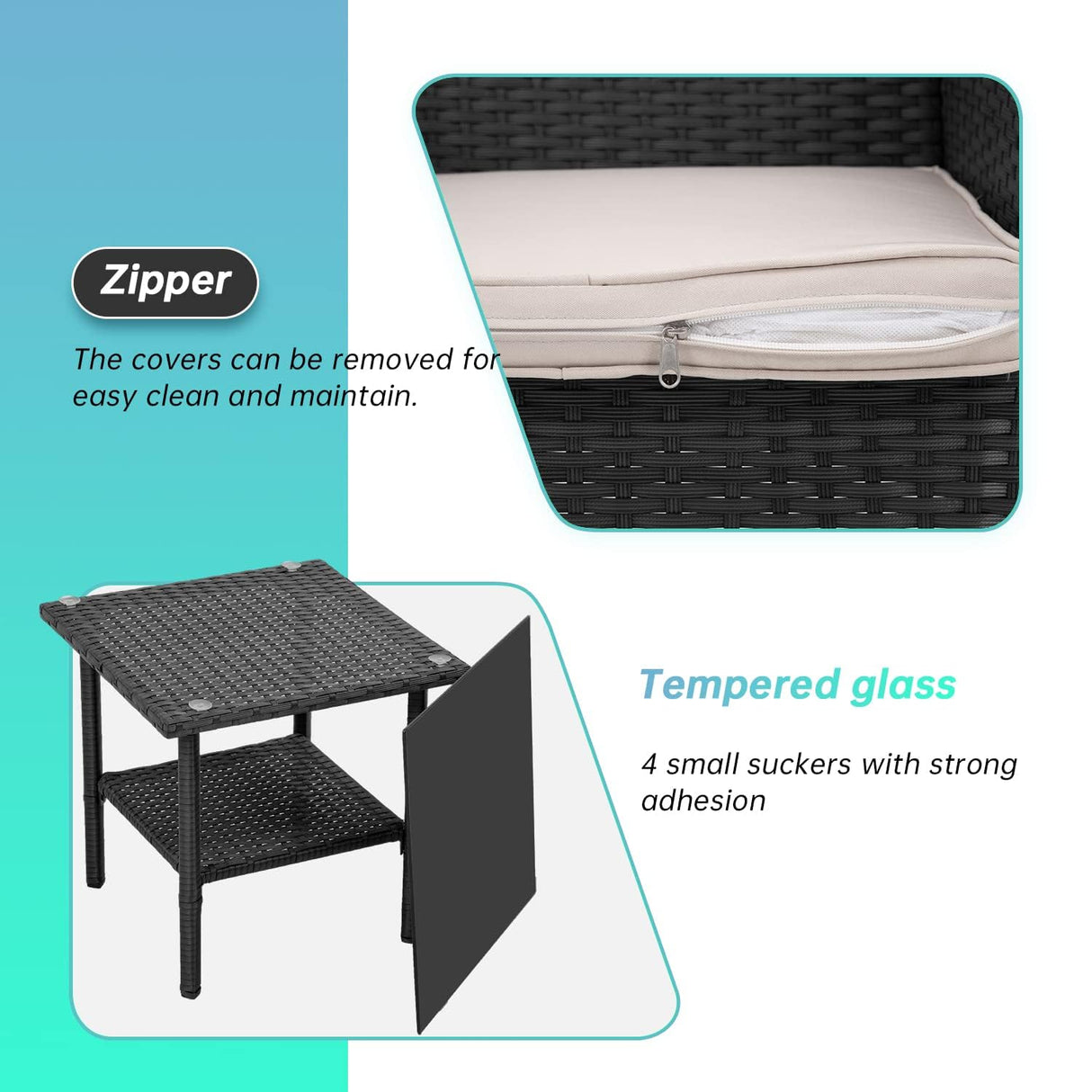 Ruesleag Patio Furniture 3 Pieces Outdoor Wicker Patio Furniture Conversation Set Patio Set Bistro Table Set for Backyard Porch Poolside Garden Balcony Lawn,Glass Coffee Table &RattanChairs Set,Black Ruesleag