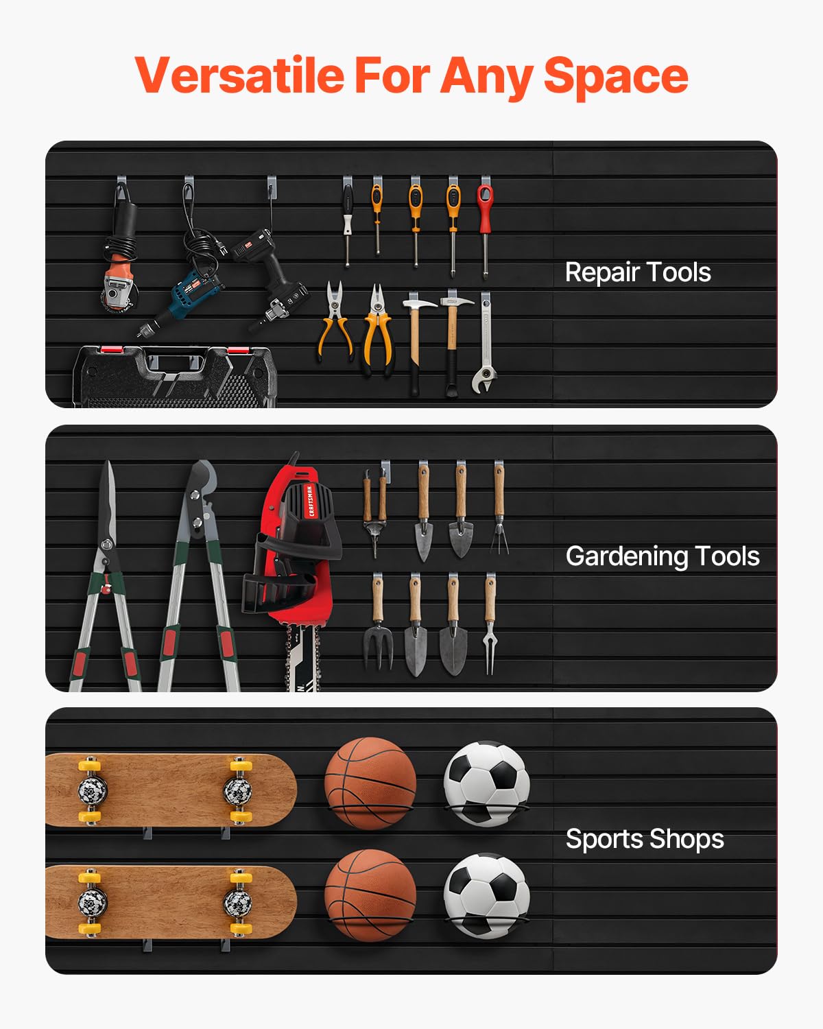 VEVOR Slat Wall Paneling, 8 x 4 ft, PVC Garage Slatwall without Accessories, Black Slat Wall Easy-to-Install Adjustable Slatwall Panel with Coupling Structure & DIY Cutting, Fits for Storage & Display VEVOR