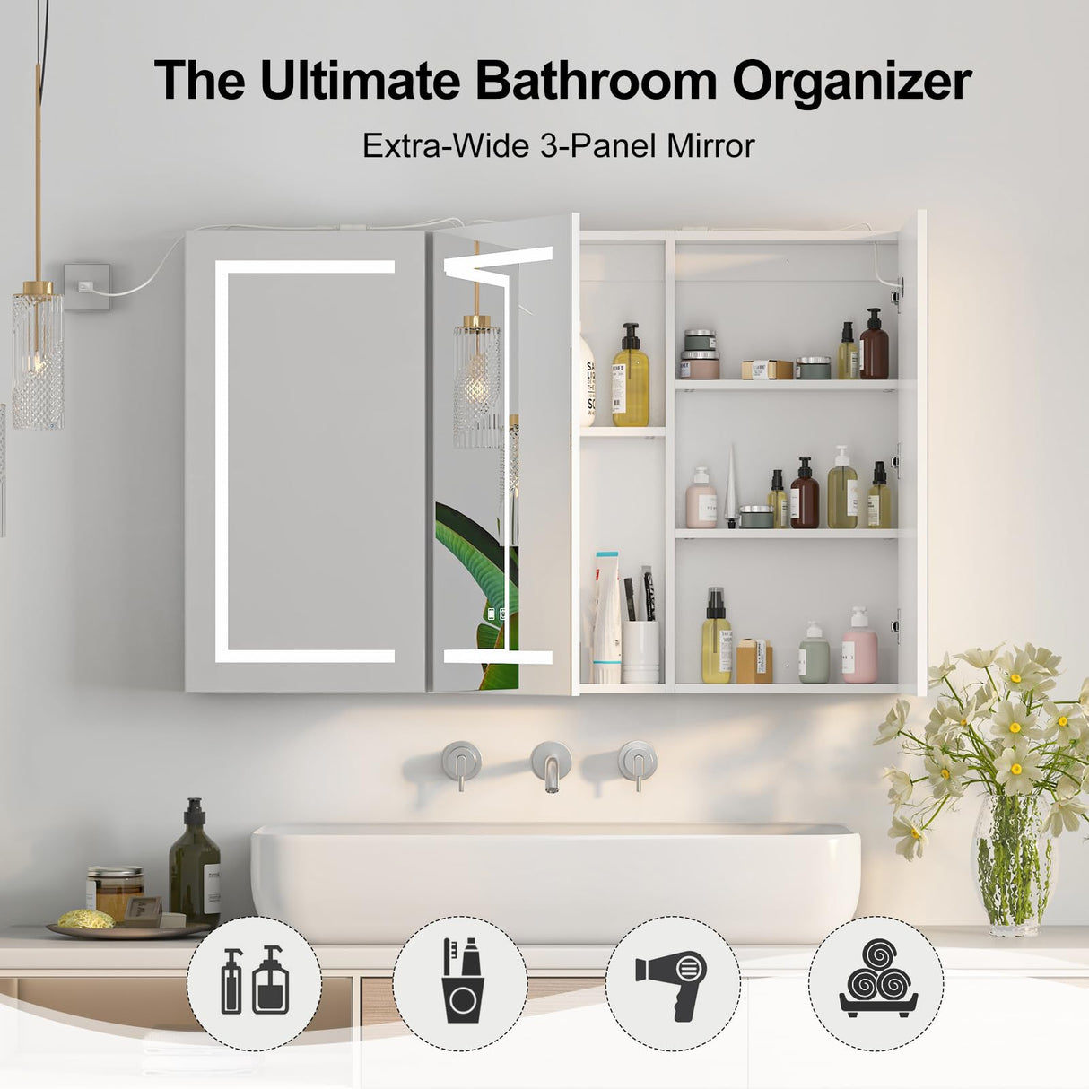 Large Medicine Cabinet, LED Lighted Medicine Cabinets with 3 Doors,Wall Mounted Bathroom Mirror with Storage,47inch,Defogger, Dimmable,Led Medicine Cabinet Mirror for Bathroom,47.2x 5.1x 30 In Mepplzian