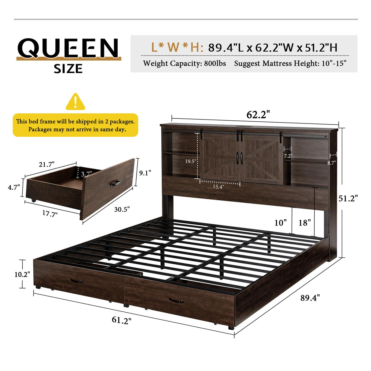 VanAcc Queen Size Wooden Platform Bed Frame with Bookcase Headboard, Storage Drawers, and Charging Station VanAcc