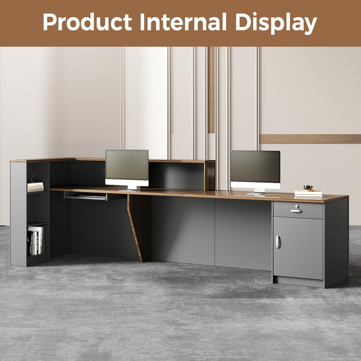 Modern L-Shaped Reception Desk with Hutch, Office Reception Counter Table with Lockable Drawer and Door Cabinet, Wooden Computer Front Desk (Walnut+lron Gray-Right Cabinet, 62.99"L*23.62"W*41.34"H) Nuipesn