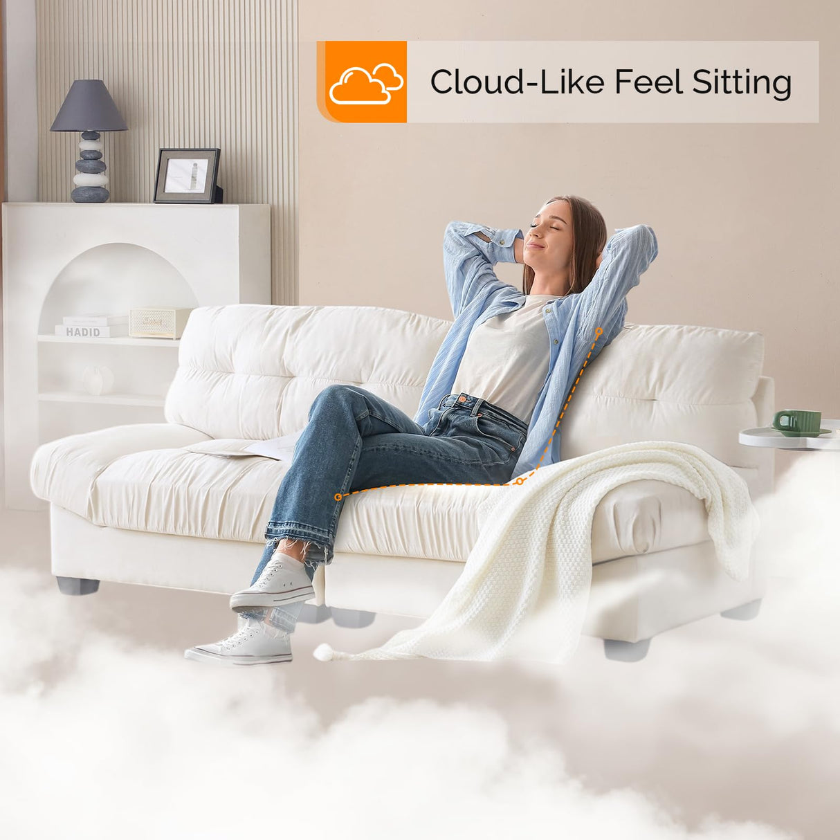 VINGLI Cloud Couch 80" Loveseat, 22.4" Deep Seat, Suede Upholstery Cozy Comfy Couches for Living Room Modern Love Seat Sofa, Pillow Armrest (White) VINGLI