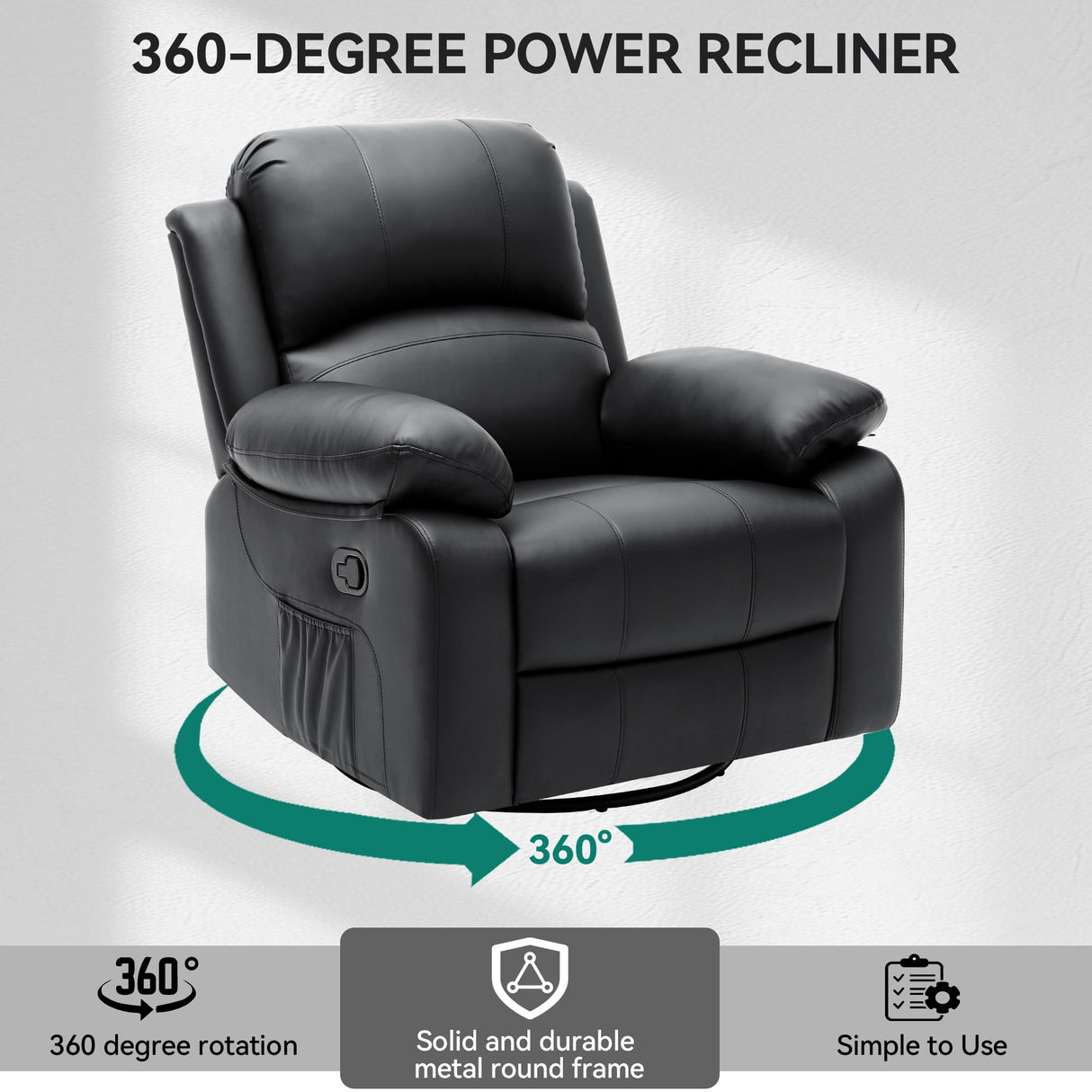 YITAHOME Rocker Recliner Chair with Heat & Massage, Faux Leather Recliner with Overstuffed Armrest, 360° Swivel, Manual Reclining, Rocking Function & Side Pocket for Living Room,Black1 YITAHOME
