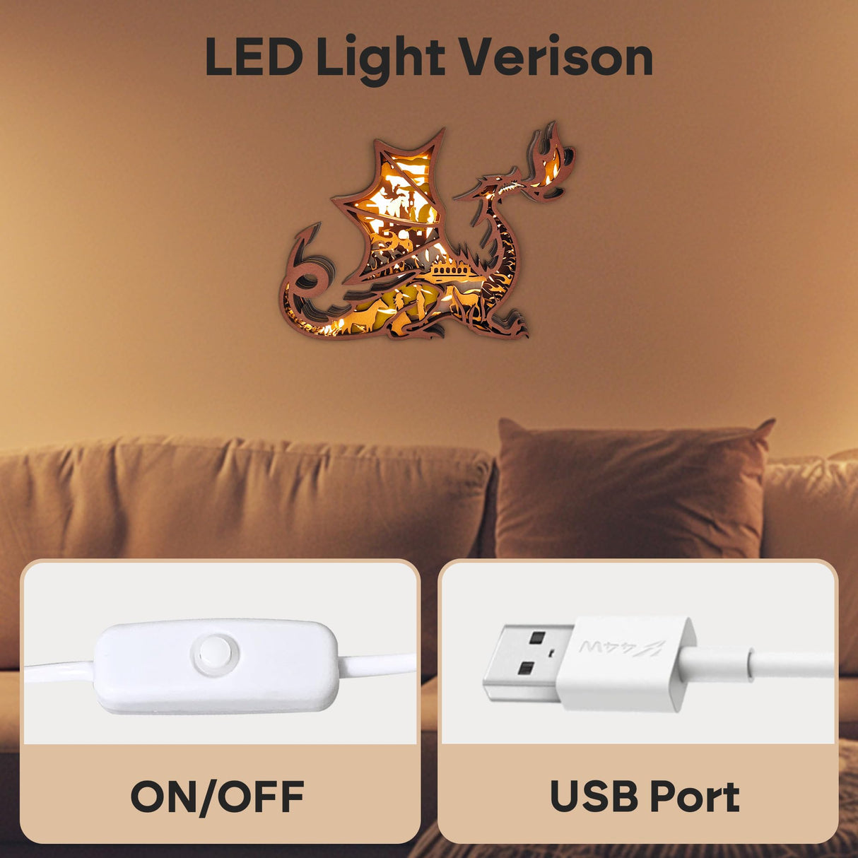 3D Wooden Animals Carving LED Night Light, Dragon Decor Wood Carved Lamp Cabin Statues Rustic Figurines Wall Hanging Sculpture Silhouette Ornament for Living Room Bedroom Home Room for Birthday Gifts FNYDOX