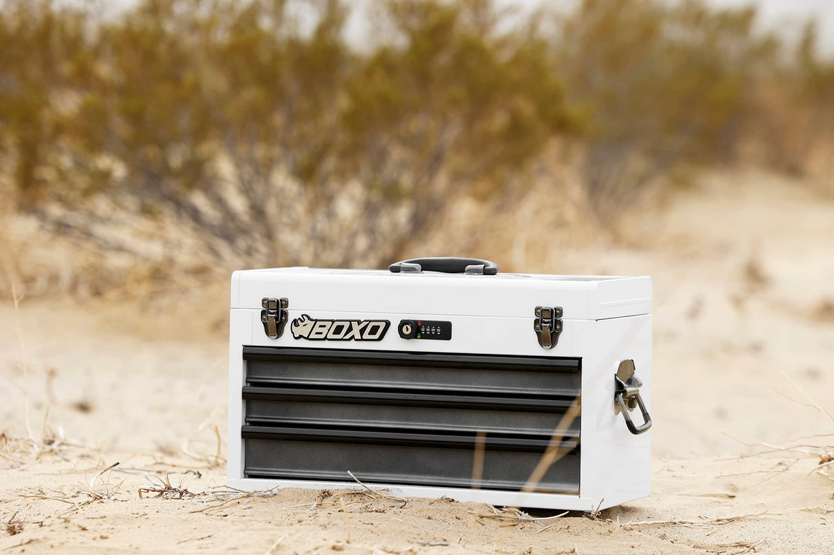 Boxo USA Hand Carry Tool Box 3-Drawer Heavy Duty Steel Toolbox with Lock System (White) BOXO