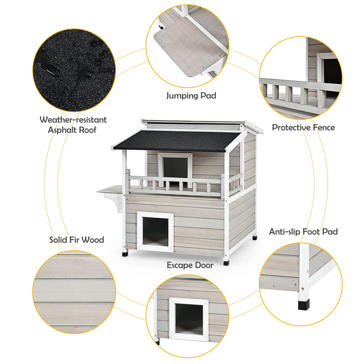 Tangkula Outdoor Cat House Wooden, 2-Story Outside Cat Shelter Condo Enclosure with Escape Door, Asphalt Roof, Balcony, Jumping Platform, Weatherproof Tangkula