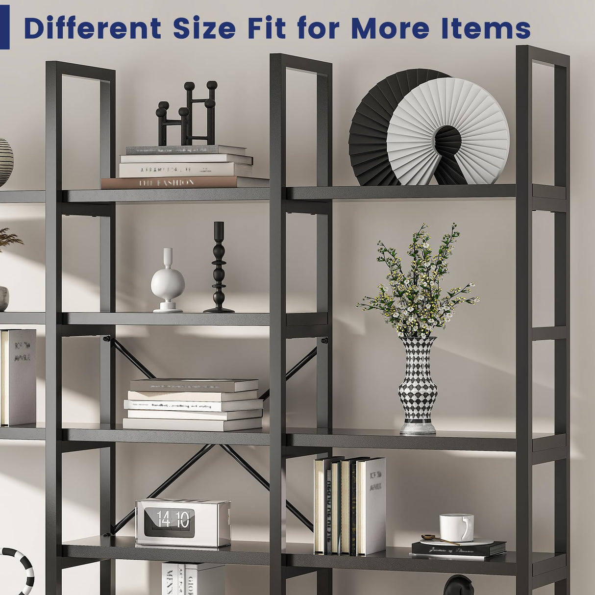 Jehiatek Large Bookshelf 5 Tiers, Triple Wide Geometric Bookcase, 71 Inches Tall Industrial Book Shelves Etagere Book Case, Sturdy Metal Frame, Freestanding Display Shelving Unit, Black Jehiatek