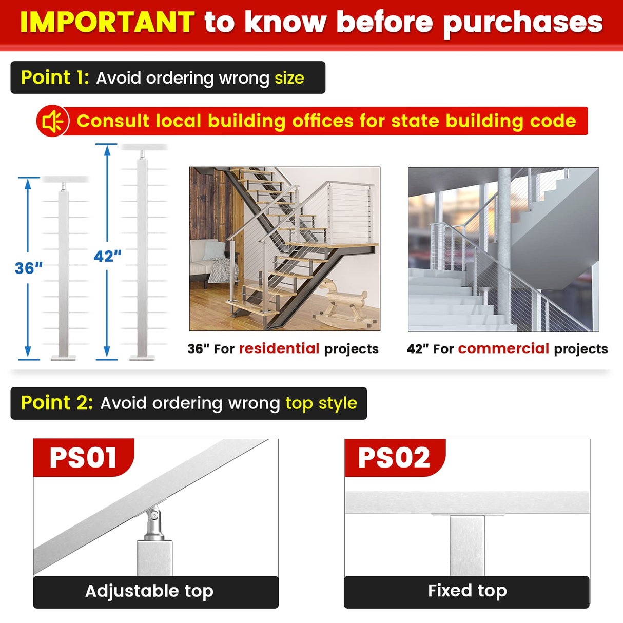 Muzata Stair Cable Railing Post 36 Inch for 25-35 Degrees Stair 36"x2"x2" Surface Mount Brushed T304 Stainless Steel Cable Railing System Kit Indoor Outdoor with Paper User Guide PS01 LA4S Muzata