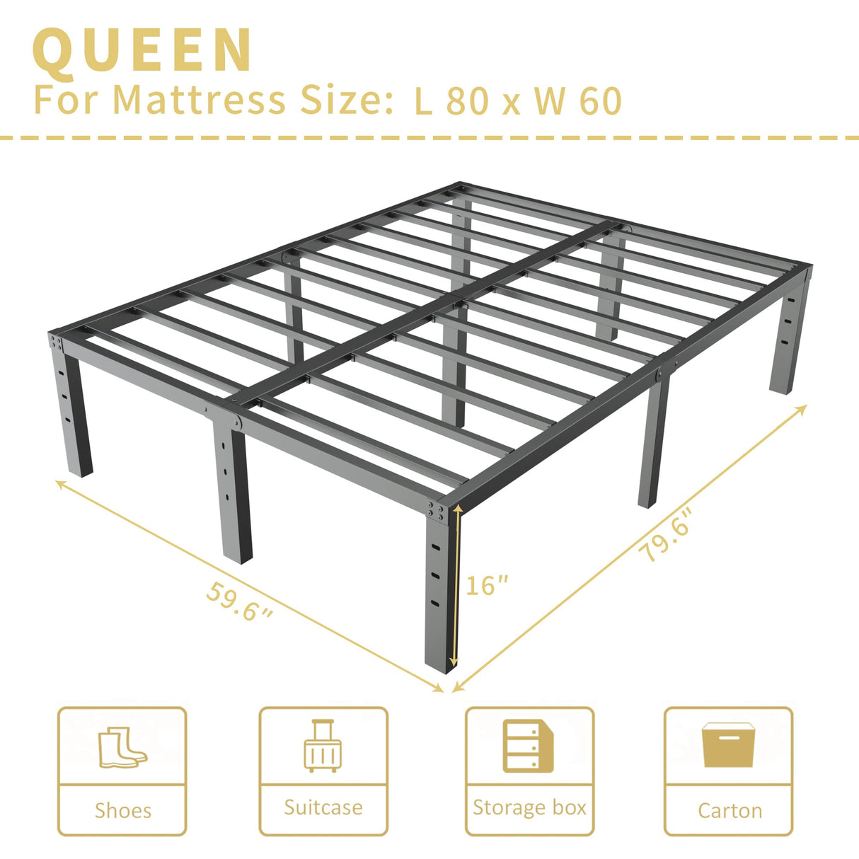 ALDRICH Metal Bed Frame Queen Size - 16 Inch Tall Black Basic Steel Slats Platform, Easy Assembly Heavy Duty Noise Free Bedframes, No Box Spring Needed ALDRICH