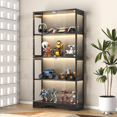 UNIQUITE Black Curio Cabinet with Glass Doors, 63" Display Cabinet with Human Sensor Lights, 4-Tier Display Case for Collectibles Bookcase Living Room