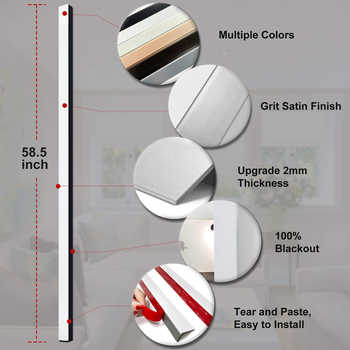 Keego 100% Blackout PVC Light Blocking Strips for Window Shades - Block Light Along The Sides of Blackout Blinds Great for Bedroom Nursery (White, 58.5", 2pcs) Keego