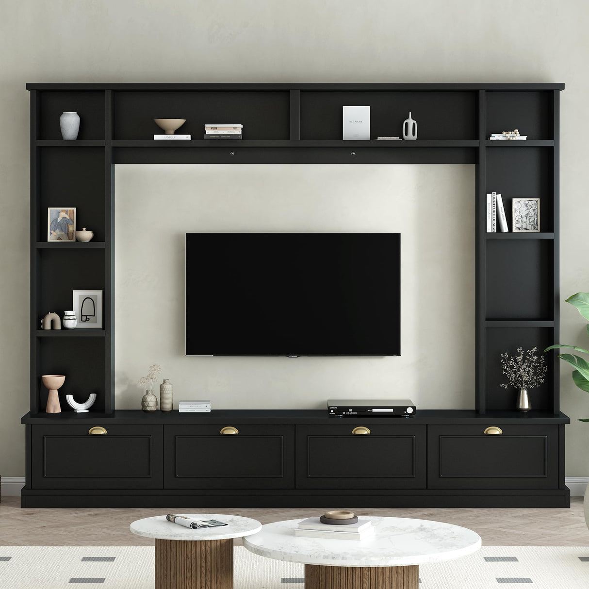 Merax Large Wall Unit Entertainment Center with Bookshelves for Televisions Up to 78'', Modern 4-in-1 TV Stand with Cabinets, Open Shelves and Golden Handles, Black, 104.2''W*81.2''H Merax