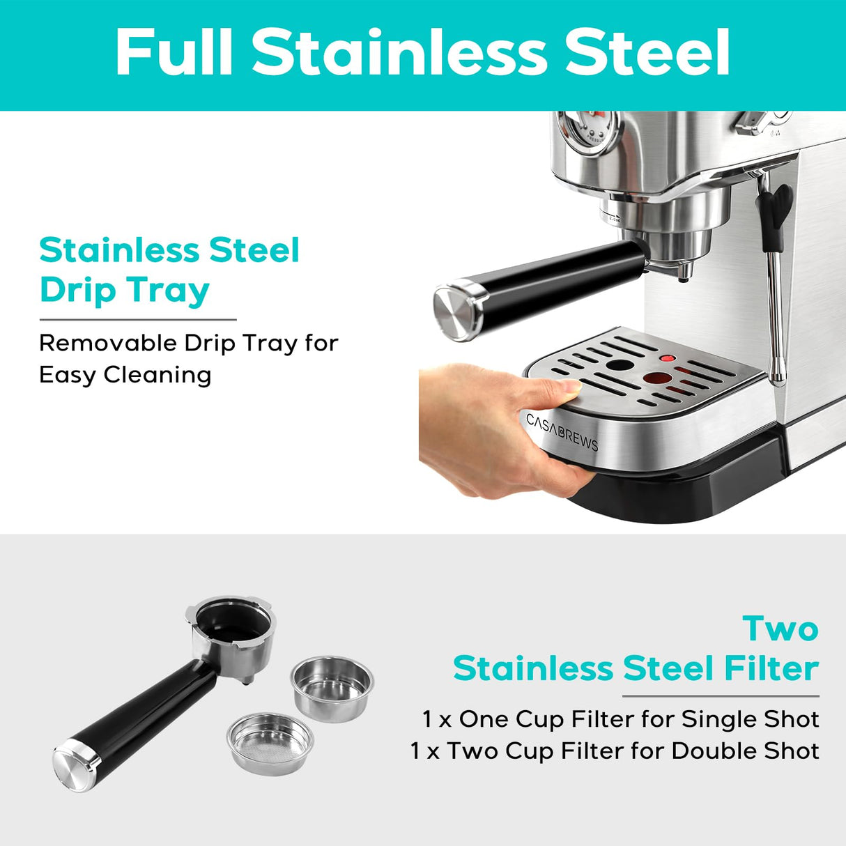 CASABREWS Espresso Machine 20 Bar, Compact Espresso Maker with Steam Milk Frother, Stainless Steel Coffee Machine with 34oz Removable Water Tank for Cappuccino, Latte, Silver CASABREWS