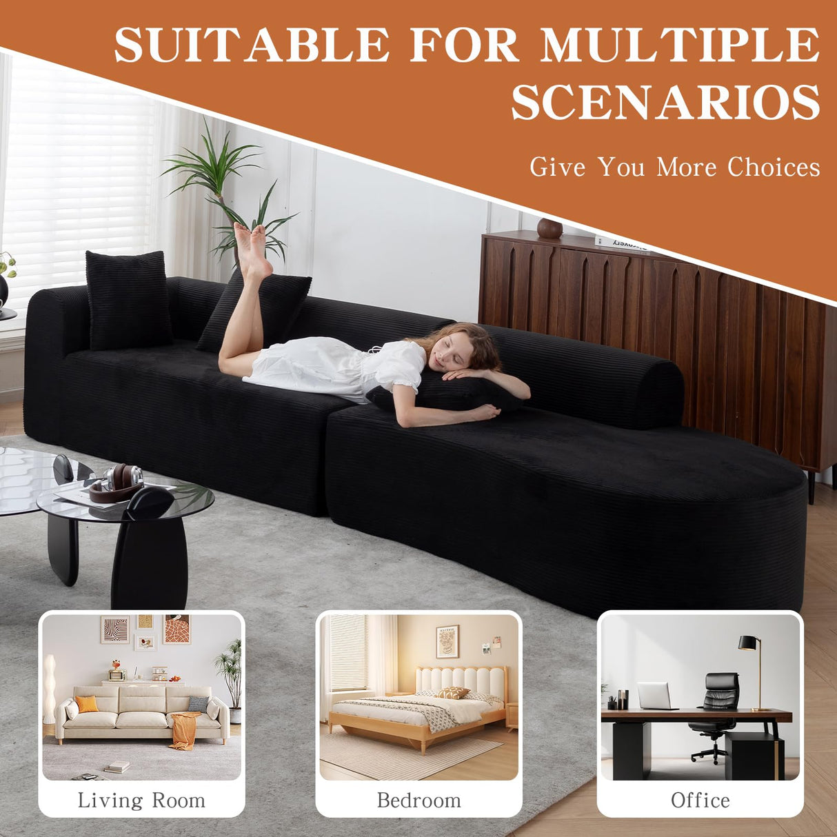 ClinQ 132-Inch Modern Style Curved Sofa, Upholstery Corduroy Sofa Couch with 3 Pillows, Black ClinQ