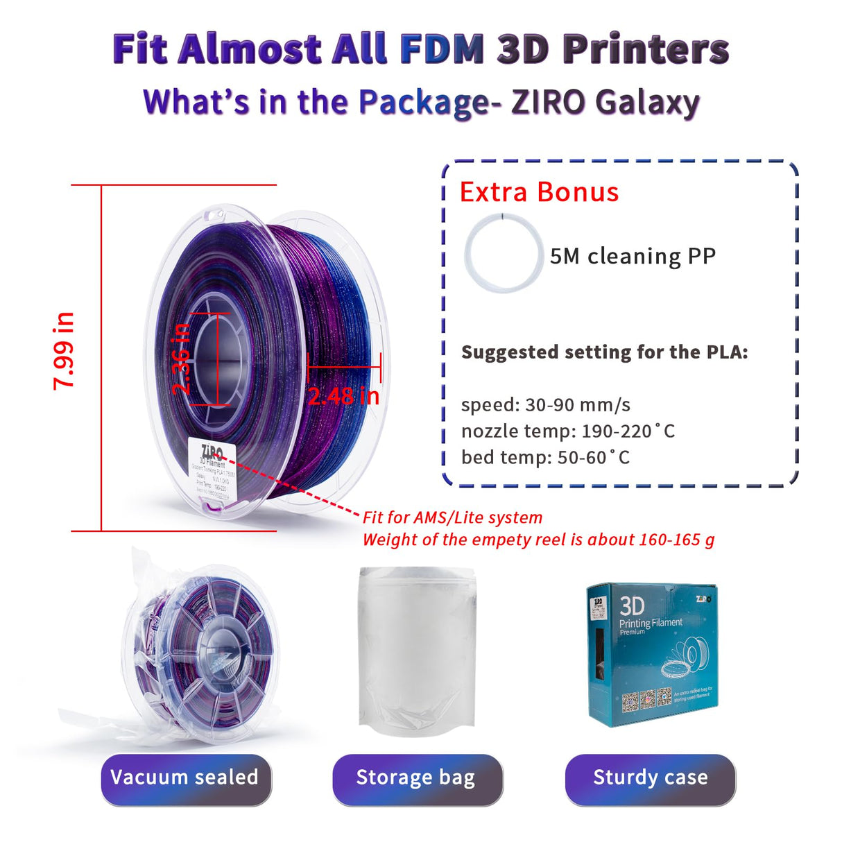 ZIRO Fast Color Changing Twinkling PLA, 1.75mm Filament, Sparkle Glitter with Colorful Transluent PLA, 3D Printing Material,1kg Spool, Dimensional Accuracy +/-0.03mm, Galaxy ZIRO