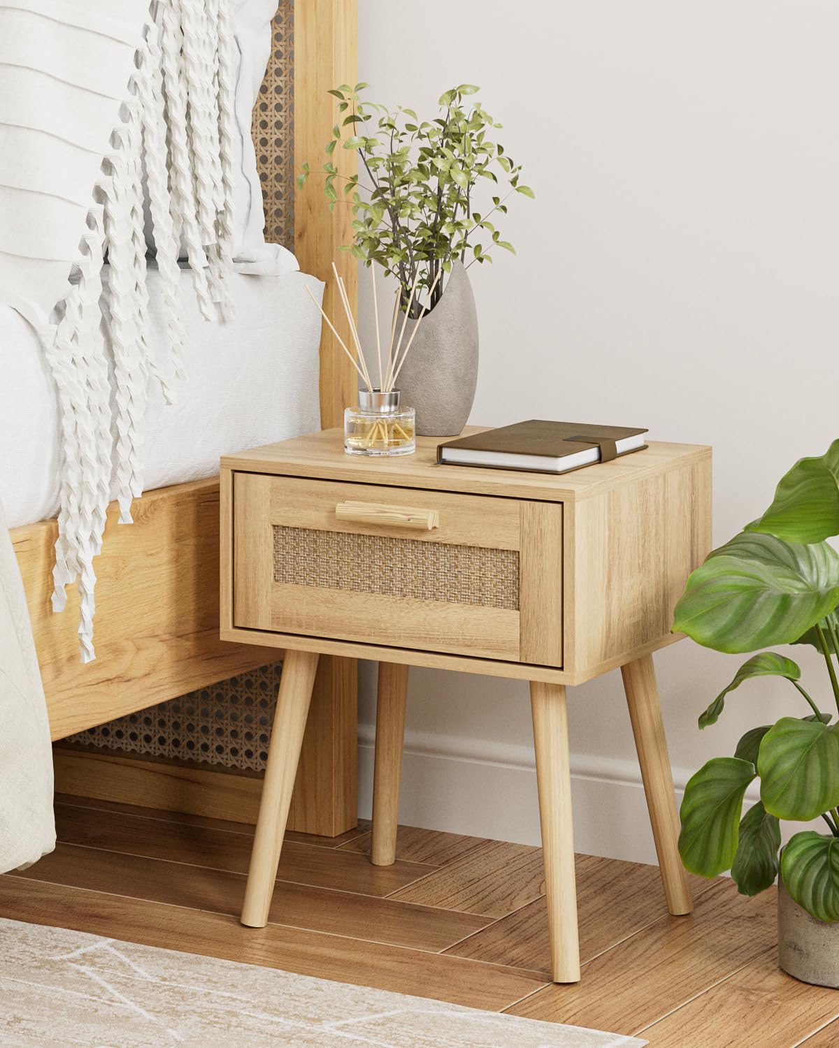 Aienvey Rattan Nightstand, Small Night Stand, Side Table with Drawer Open Shelf, Cane Accent Bedside End Table with Wood Legs, Bohemian Wood Nightstand for Bedroom, Oak (Bohemian) Aienvey