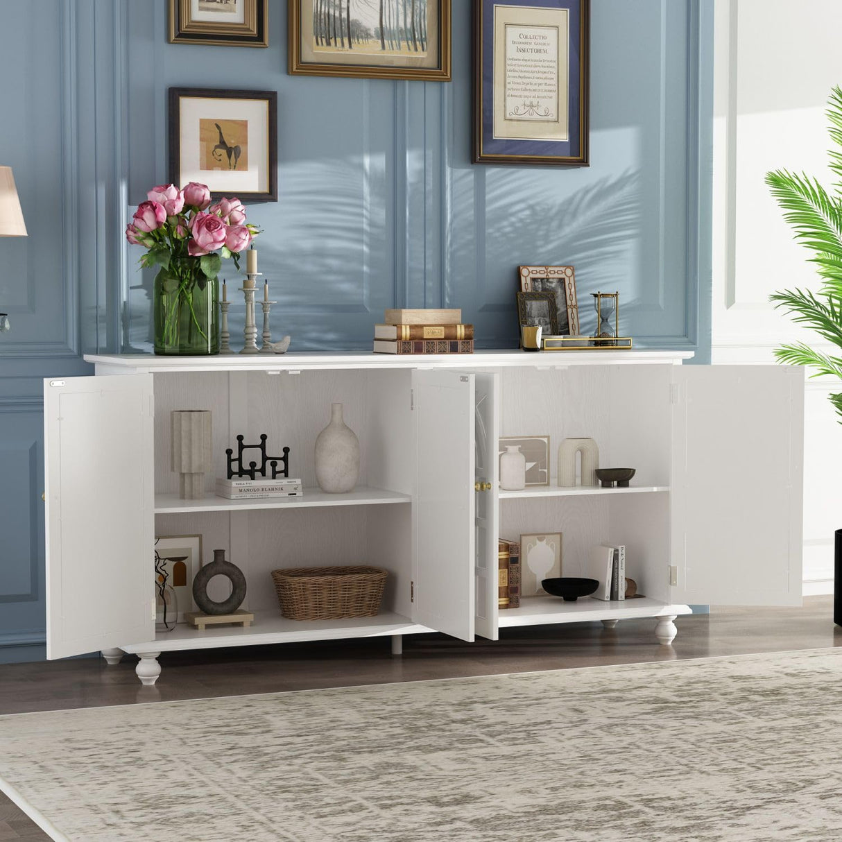 MOUMON Credenza Buffet Sideboard with 4 Acrylic Doors and Shelves, Buffet Table Sideboard Storage Cabinet with Wooden Legs, for Living Room White (63”W x 15.7”D x 31.5”H) MOUMON