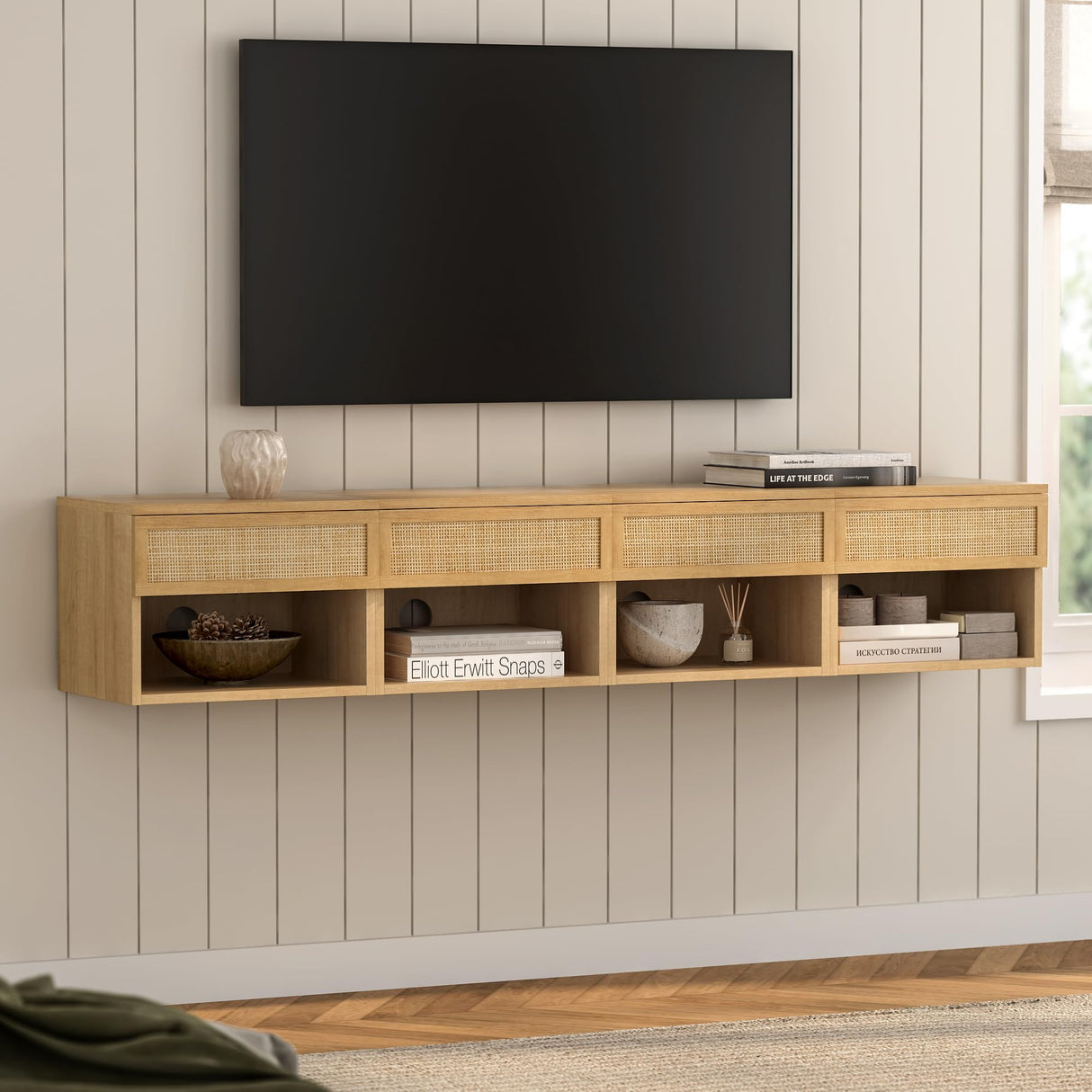 EYYTHUNG Small Rattan Floating Nightstands with Drawer Set of 2, Wall Mounted Night Stand with Open Compartment Modern Wooden Bedside Table Storage Cabinet for Bedroom, Entryway Natural Oak EYYTHUNG