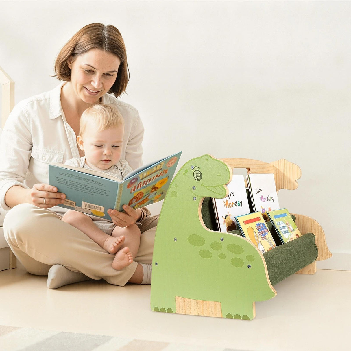 SheSeek Toddler Bookshelf Double-Sided with 4 Tier Deep Sleeves Kids Wooden Montessori Book Rack for Baby Nursery Room, Playroom, Classroom or Bedroom Bookcase Storage Organizer, Green Dinosaur SheSeek