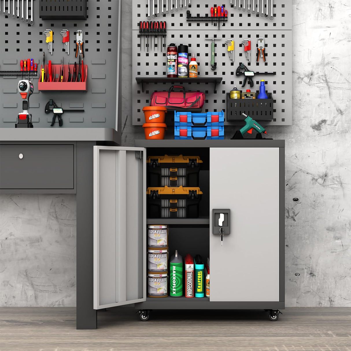 FATIGOS 31.5''H Metal Storage Cabinet with Wheels, Garage Storage Cabinet with Lock, Lockable Steel Rolling Tool Chest with Doors & Adjustable Shelves for Garage, Home, Office, Assembly Required FATIGOS