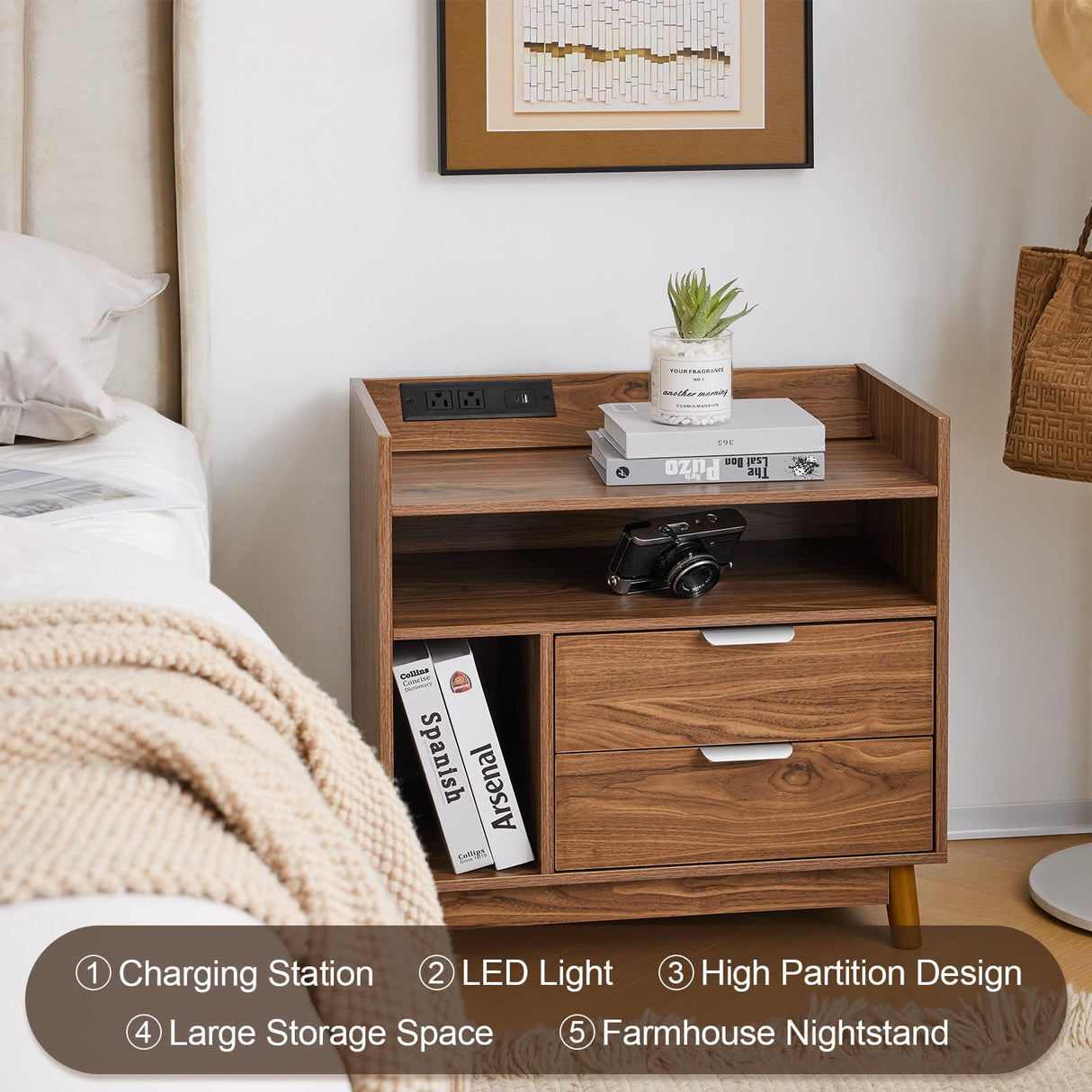 Mellolivin Nightstand with Charging Station,LED Night Stand with Drawers, Mid Century Modern Nightstand, Large Bedside Table, End Table for Bedroom Mellolivin