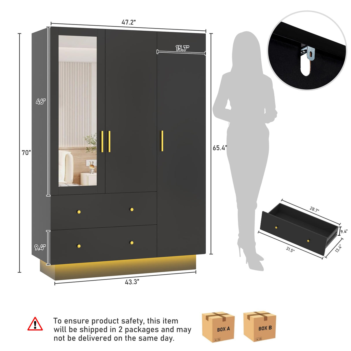 3 Doors Armoire Wardrobe Closet with Mirror, LED Armoire with Doors and Drawers, Wooden Wardrobe Storage Cabinet with Hanging Rod, Adjustable Shelves, Black chartustriable