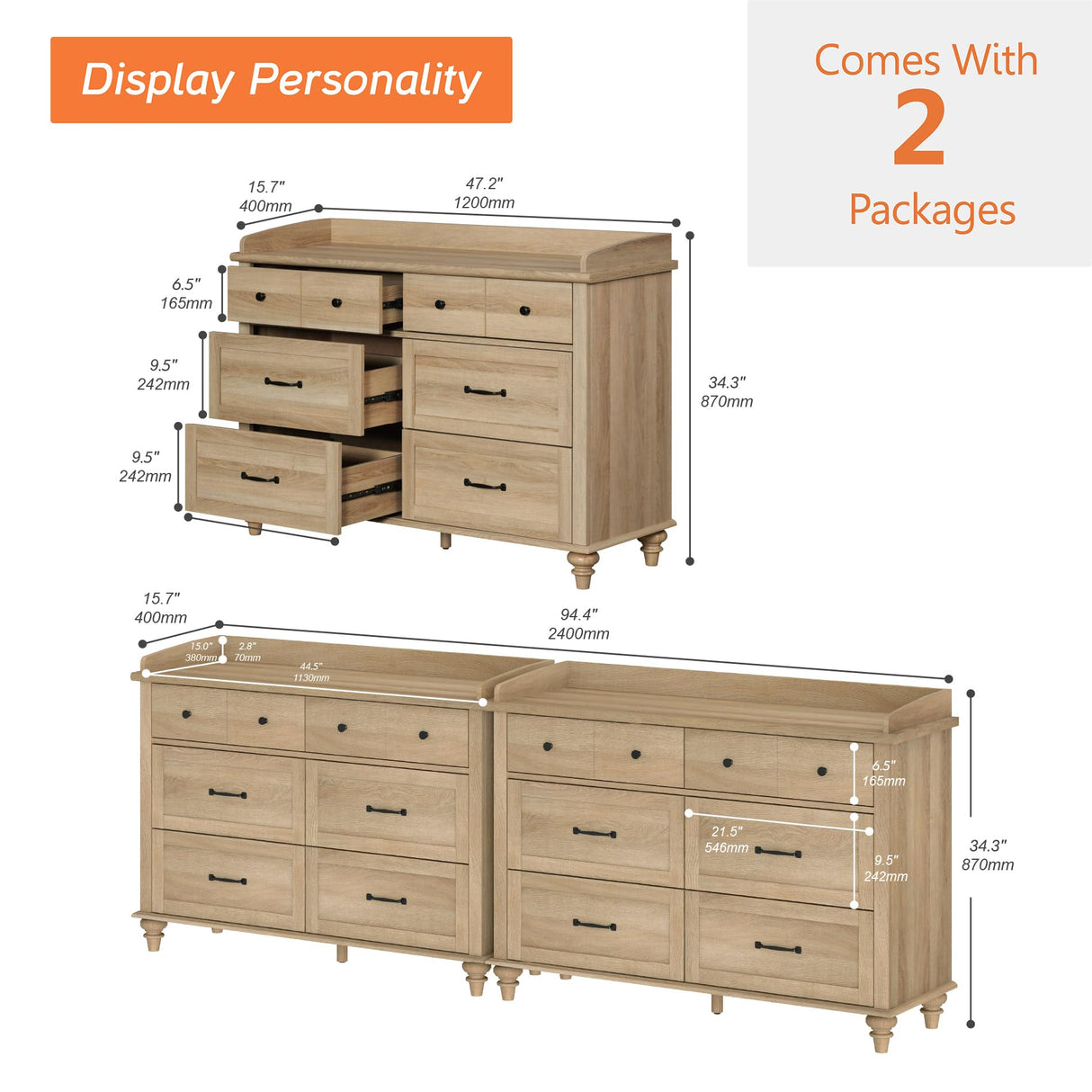 WAMPAT 12 Drawers Dresser for Bedroom, Set of 2 Farmhouse Dressers with 6 Drawers, Light Wood Kids Dresser for Closet, Wide Dressers Organizer for Living Room & Hallway, Oak WAMPAT