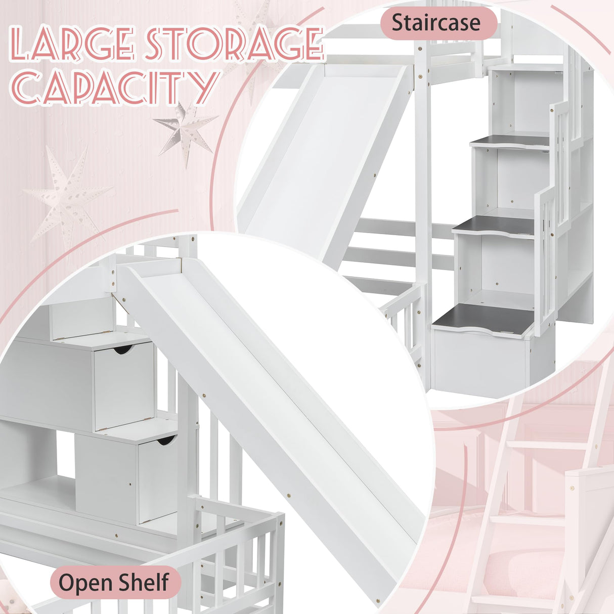 Duxelifin Twin Over Full Bunk Beds with Slide and Stairs, Low Bunk Bed Frame with Rails, Convertible Wood Bunk Bed with Storage Staircase for Kids Boys Girls, White Duxelifin